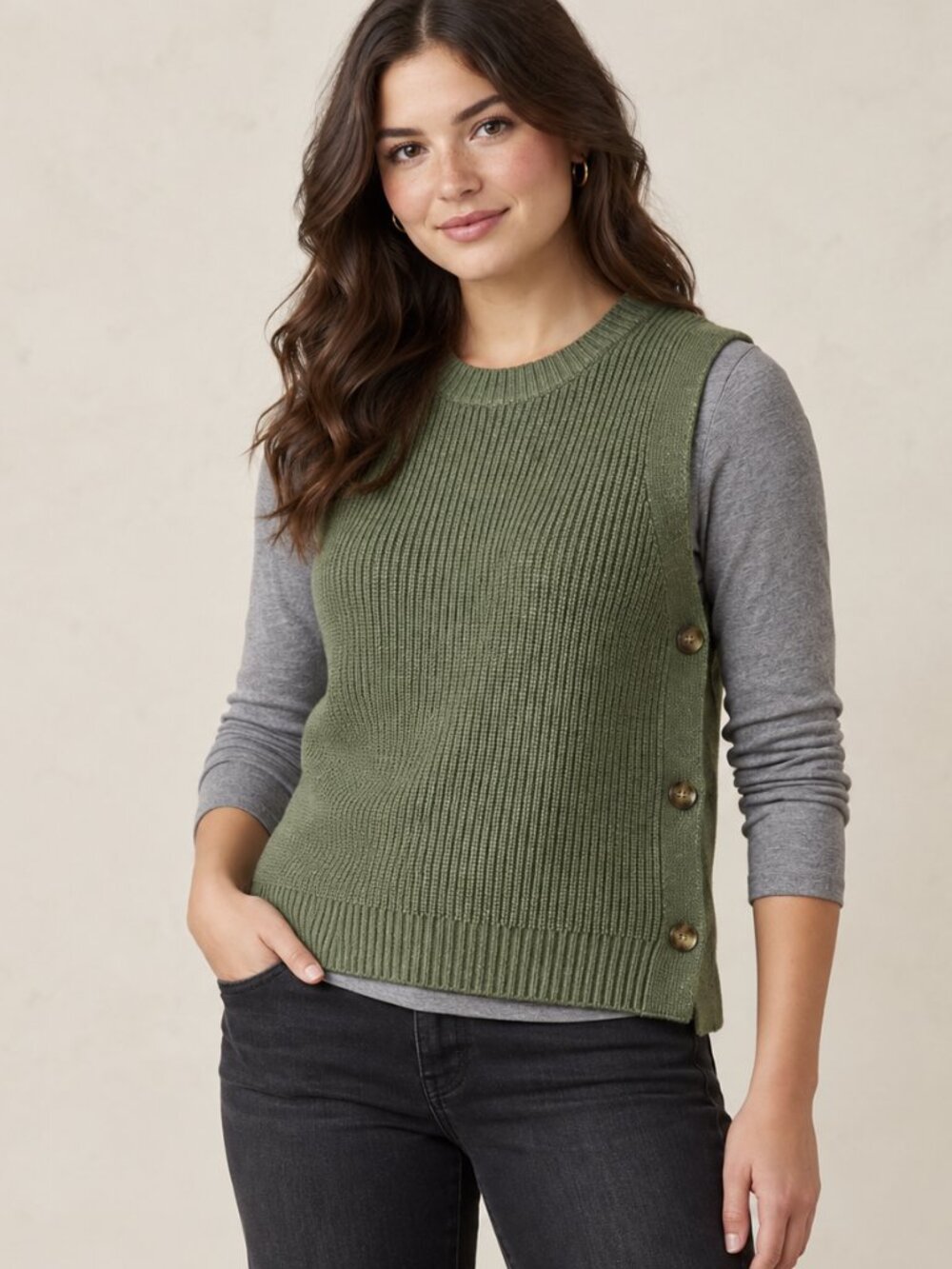 Rachel Rachel Roy Sage Green Ribbed Knit Sweater Vest Side Buttons XS
